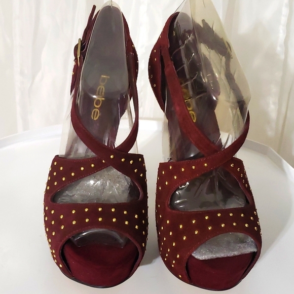 Bebe Burgundy with gold accents platform Heels size 6 - Picture 2 of 10
